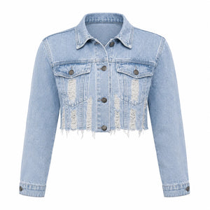 Distressed Raw Hem Cropped Denim Jacket WHD0607026