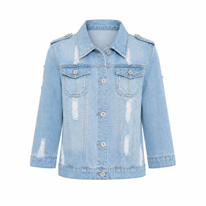 Distressed Three-Quarter Sleeve Denim Jacket WHD0607029