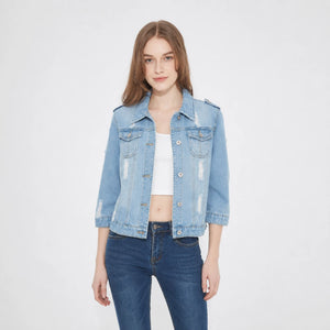 Distressed Three-Quarter Sleeve Denim Jacket WHD0607029