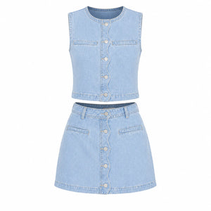 Button Front Denim Skirt Set WHD0607035