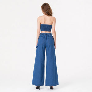 Braided Trim Denim Wide Leg Set WHD0607036