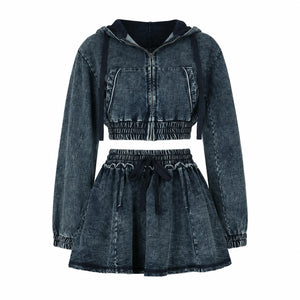 Washed Denim Hooded Skirt Set WHD0607040