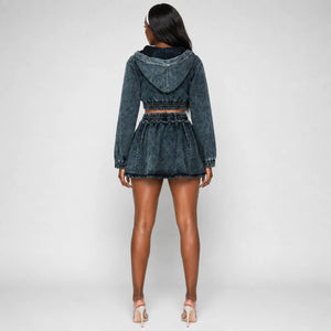 Washed Denim Hooded Skirt Set WHD0607040
