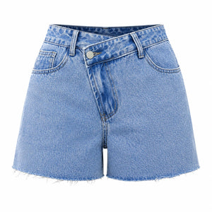 Asymmetric Waist Raw Hem Denim Shorts WHD0607048