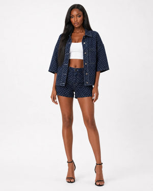 Micro-Print Denim Shirt and Shorts Set WHD0607071