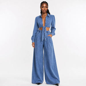 Tie-Front Denim Wide Leg Set WHD0607074