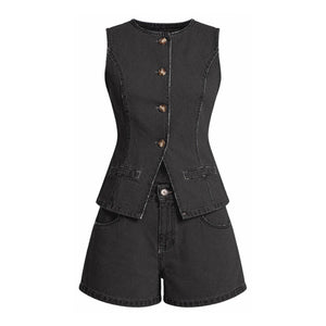Button Front Denim Vest Shorts Set WHD0607075