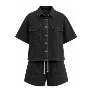 Utility Pocket Denim Shirt Shorts Set WHD0607077