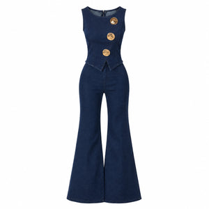 Gold Button Denim Flare Set WHD0607080