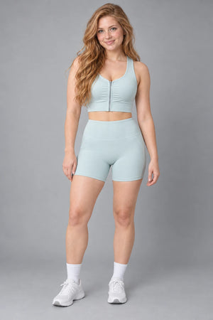 WEARHUB Polyester-Spandex Striped-Panel Active Shorts — Azure, front view