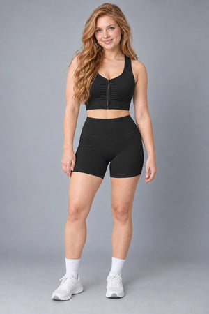 WEARHUB Polyester-Spandex Striped-Panel Active Shorts — Starry Black, color front view