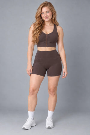 WEARHUB Polyester-Spandex Striped-Panel Active Shorts — Espresso, color front view