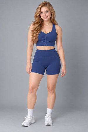 WEARHUB Polyester-Spandex Striped-Panel Active Shorts — Whale Blue, color front view