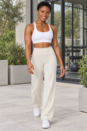 WEARHUB Polyester-Spandex Petite Back-Pocket Straight-Leg Pants — Water Chestnut White, lifestyle view