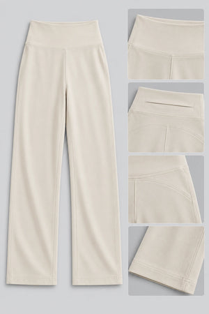 WEARHUB Polyester-Spandex Petite Back-Pocket Straight-Leg Pants — Water Chestnut White, fabric and stitching details