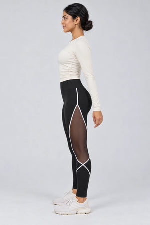 WEARHUB Polyester-Spandex Color-Block Mesh-Panel Active Leggings — Black, side view