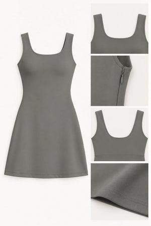 WEARHUB Polyester-Spandex Stretch Active Dress — Dust Grey, fabric and stitching details