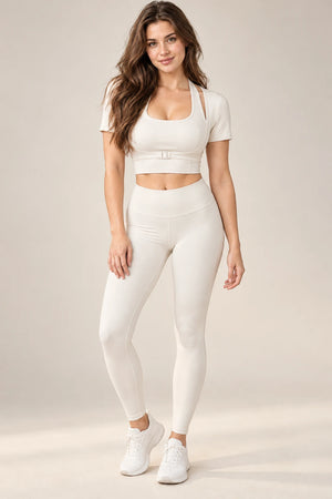 WEARHUB Polyester-Spandex Halter Short-Sleeve Active Top — Ivory, front view