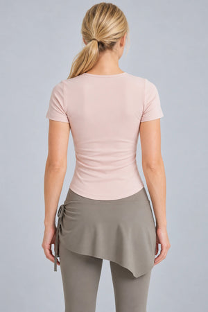 WEARHUB Polyester-Spandex Cutout Ruched Short-Sleeve Active Top — Starry Black, back view