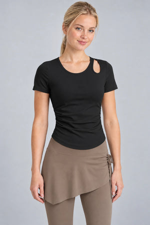 WEARHUB Polyester-Spandex Cutout Ruched Short-Sleeve Active Top — Starry Black, front view