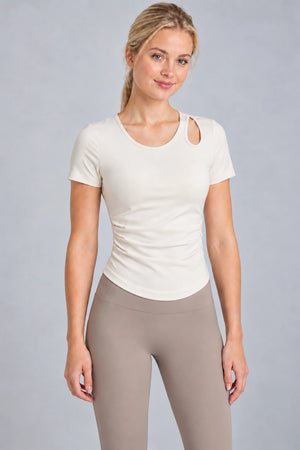 WEARHUB Polyester-Spandex Cutout Ruched Short-Sleeve Active Top — Ivory, front view