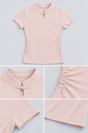 WEARHUB Polyester-Spandex Chinese-Inspired Short-Sleeve Active Top — Starry Black, fabric and stitching details