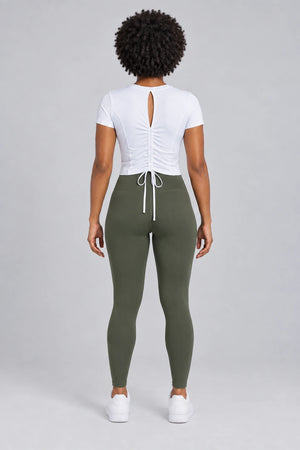 WEARHUB Polyester-Spandex Ruched-Back Short-Sleeve Active Top — product, back view