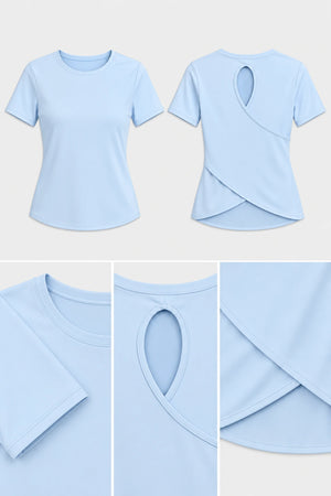WEARHUB Polyester-Spandex Crisscross Cutout Relaxed Short-Sleeve Top — White, fabric and stitching details