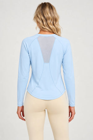 WEARHUB Polyester-Spandex Mesh-Back Relaxed Long-Sleeve Top — Grey Blossom Pink, back view