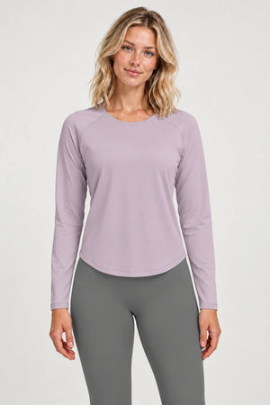 WEARHUB Polyester-Spandex Mesh-Back Relaxed Long-Sleeve Top — Grey Blossom Pink, front view