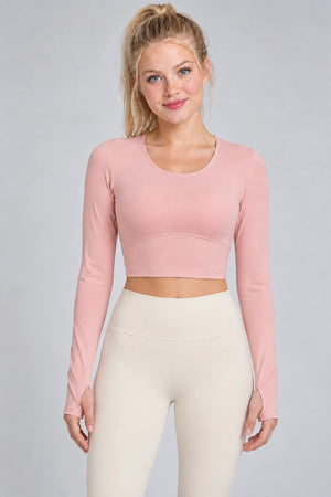 WEARHUB Polyester-Spandex Crisscross-Back Long-Sleeve Bra Top — Barbie Pink, front view