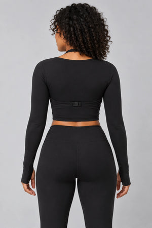 WEARHUB Polyester-Spandex Halter Long-Sleeve Active Top — Starry Black, back view