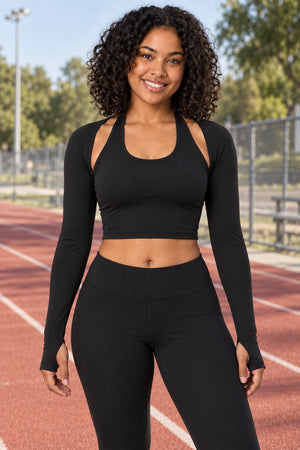 WEARHUB Polyester-Spandex Halter Long-Sleeve Active Top — Starry Black, lifestyle view