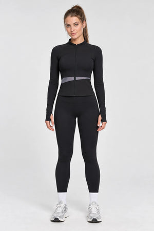 WEARHUB Polyester-Spandex Color-Block Active Jacket — Starry Black, color front view