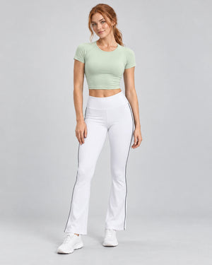 WEARHUB Polyester-Spandex Contrast-Stripe Flared Pants — Starry Black / White, front view