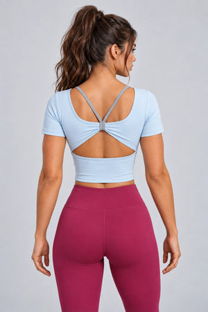WEARHUB Polyester-Spandex Butterfly-Back Short-Sleeve Active Top — product, back view