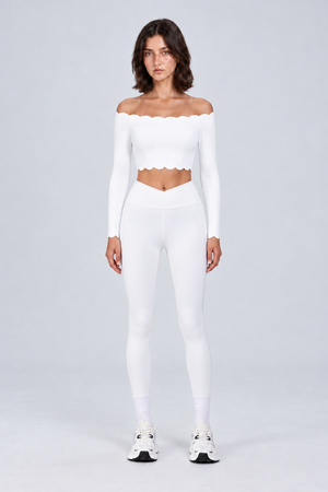 WEARHUB Nylon-Spandex Off-Shoulder Pants Set — White, front view
