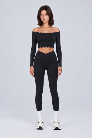 WEARHUB Nylon-Spandex Off-Shoulder Pants Set — Black, front view