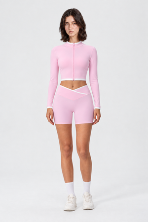 WEARHUB Nylon-Spandex Stand-Collar Color-Block Shorts Set — Pink, front view