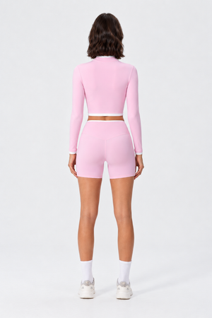 WEARHUB Nylon-Spandex Stand-Collar Color-Block Shorts Set — Pink, back view