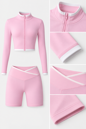 WEARHUB Nylon-Spandex Stand-Collar Color-Block Shorts Set — Pink, fabric and stitching detail