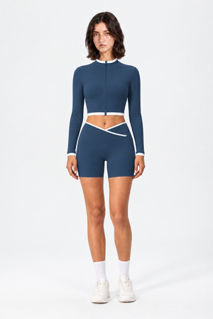 WEARHUB Nylon-Spandex Stand-Collar Color-Block Shorts Set — Dark Blue, front view