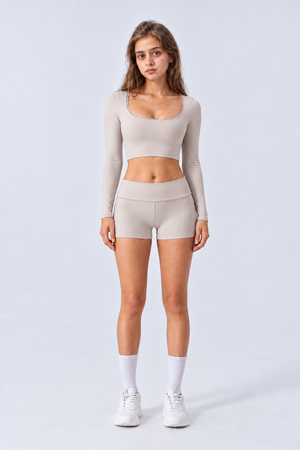 WEARHUB Nylon-Spandex Stretch Long-Sleeve Active Top — Oatmeal, front view