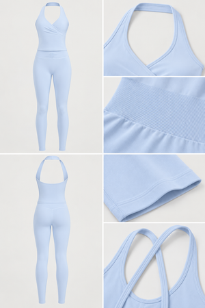 WEARHUB Nylon-Spandex Barely-There Halter Active Tank — Light Blue, fabric and stitching detail