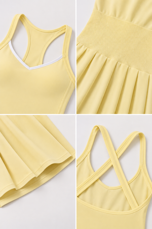 WEARHUB Nylon-Spandex Color-Block Padded Pleated Active Dress — Light Yellow, fabric and stitching detail
