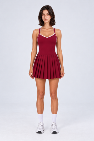 WEARHUB Nylon-Spandex Color-Block Padded Pleated Active Dress — Burgundy, front view