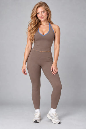 WEARHUB Nylon-Spandex Brushed Active Tank — WHZ018 — Sandalwood Brown with Blue Contrast, color front view