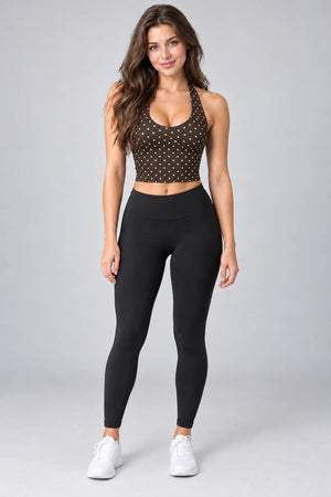 WEARHUB Polyester-Spandex Printed Active Tank — WHZ031 — Brown with White Polka Dots, color front view