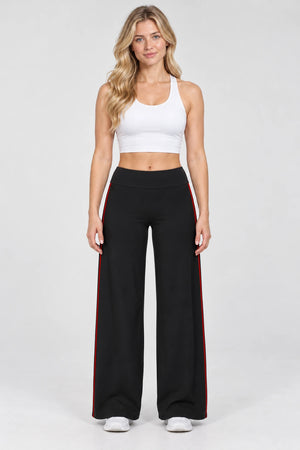 WEARHUB Nylon-Spandex Brushed Wide-Leg Yoga Pants — WHZ039 — Black with Red Contrast, front view