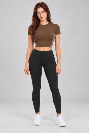 WEARHUB Nylon-Spandex Brushed Short-Sleeve Active Top — WHZ040 — Chestnut Tea Brown, color front view
